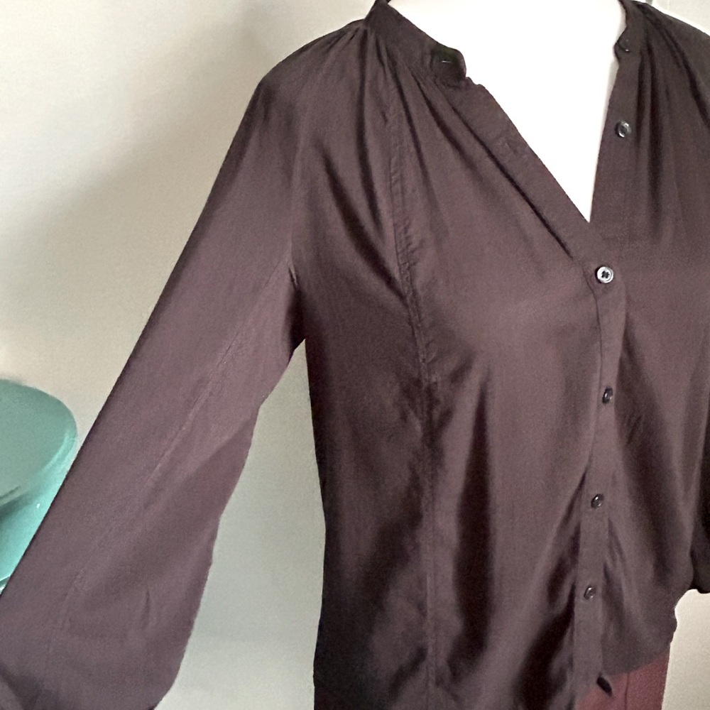 Lucky Brand Solid Black Poet Button Down Collarless Split Neck Blouse